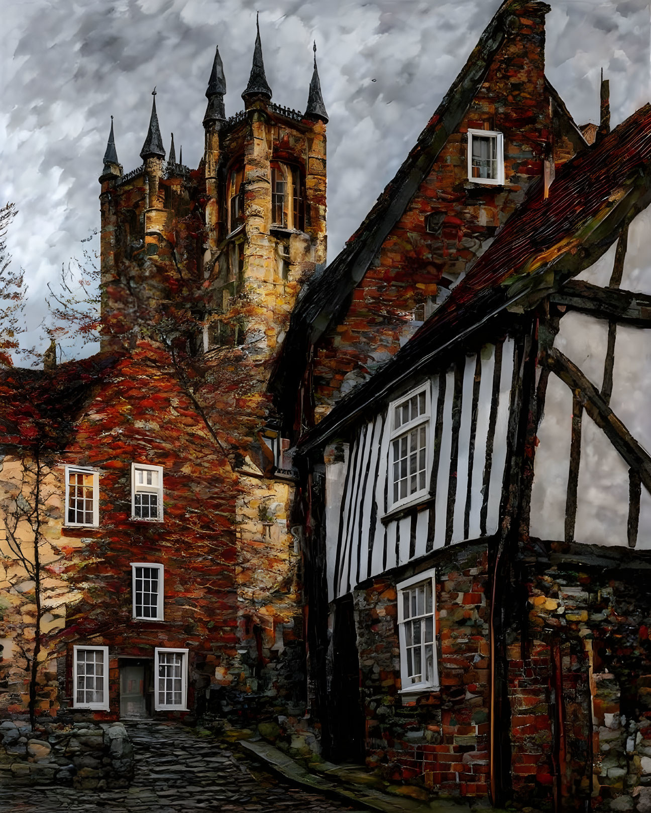 Twisted cobblestone street with half-timbered buildings and gothic tower under moody