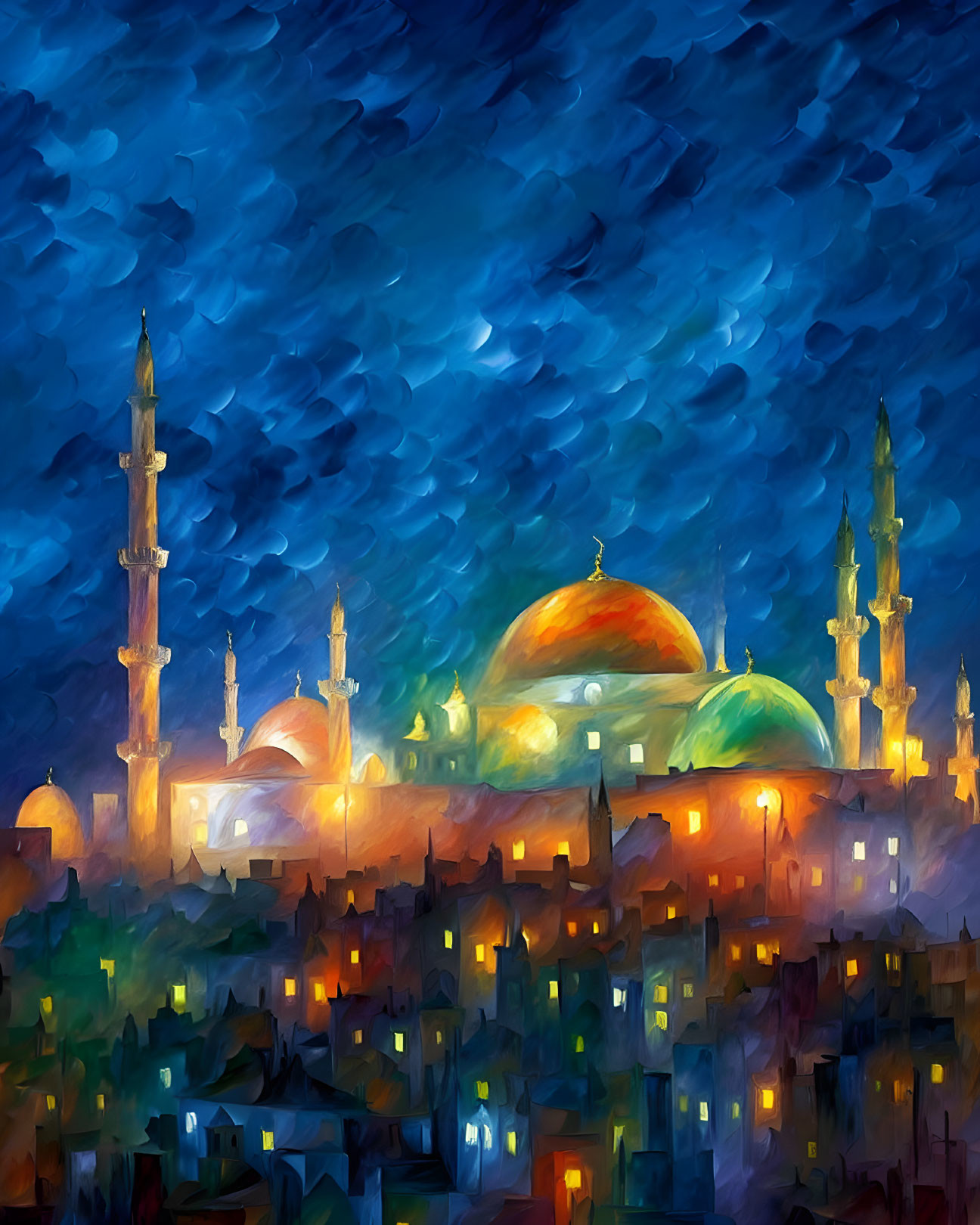 Vibrant night sky mosque with minarets and dome above illuminated town