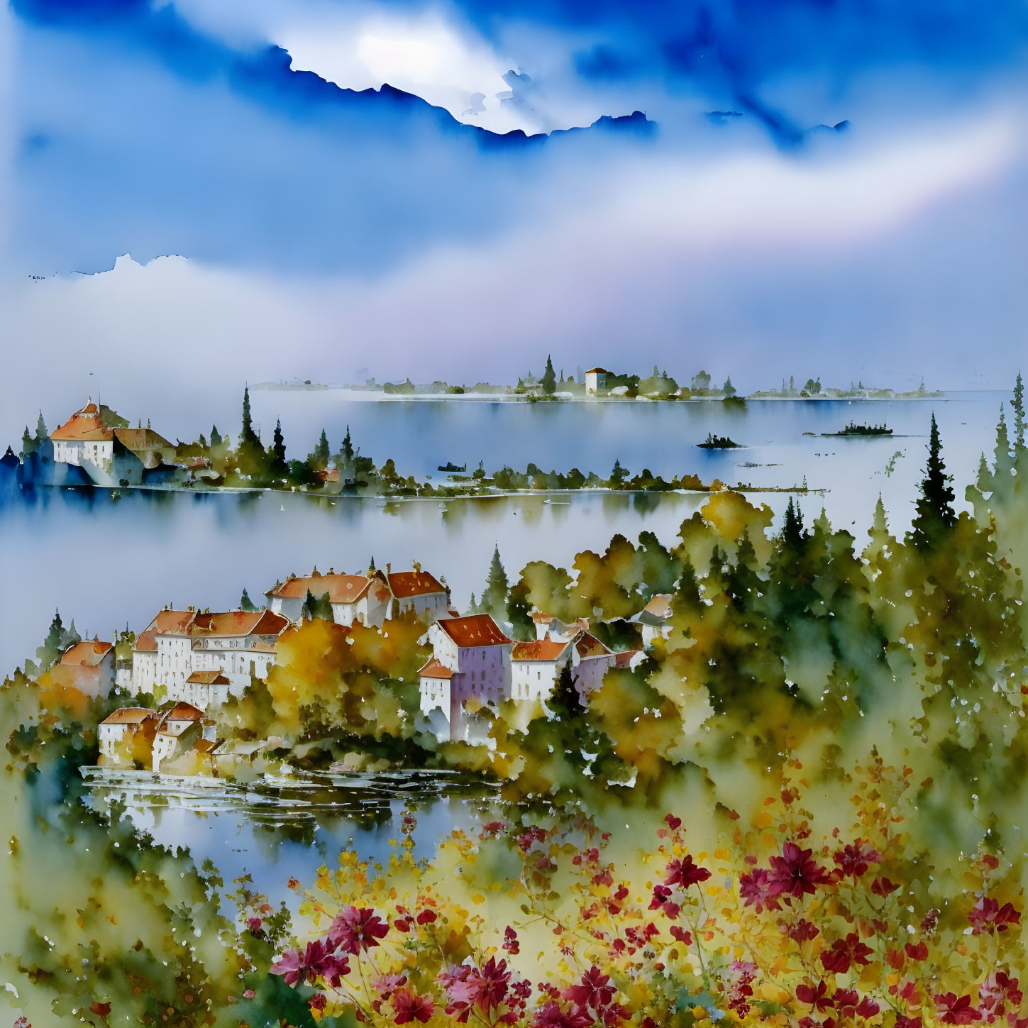 Scenic watercolor: Lakeside town, autumn foliage, misty mountains