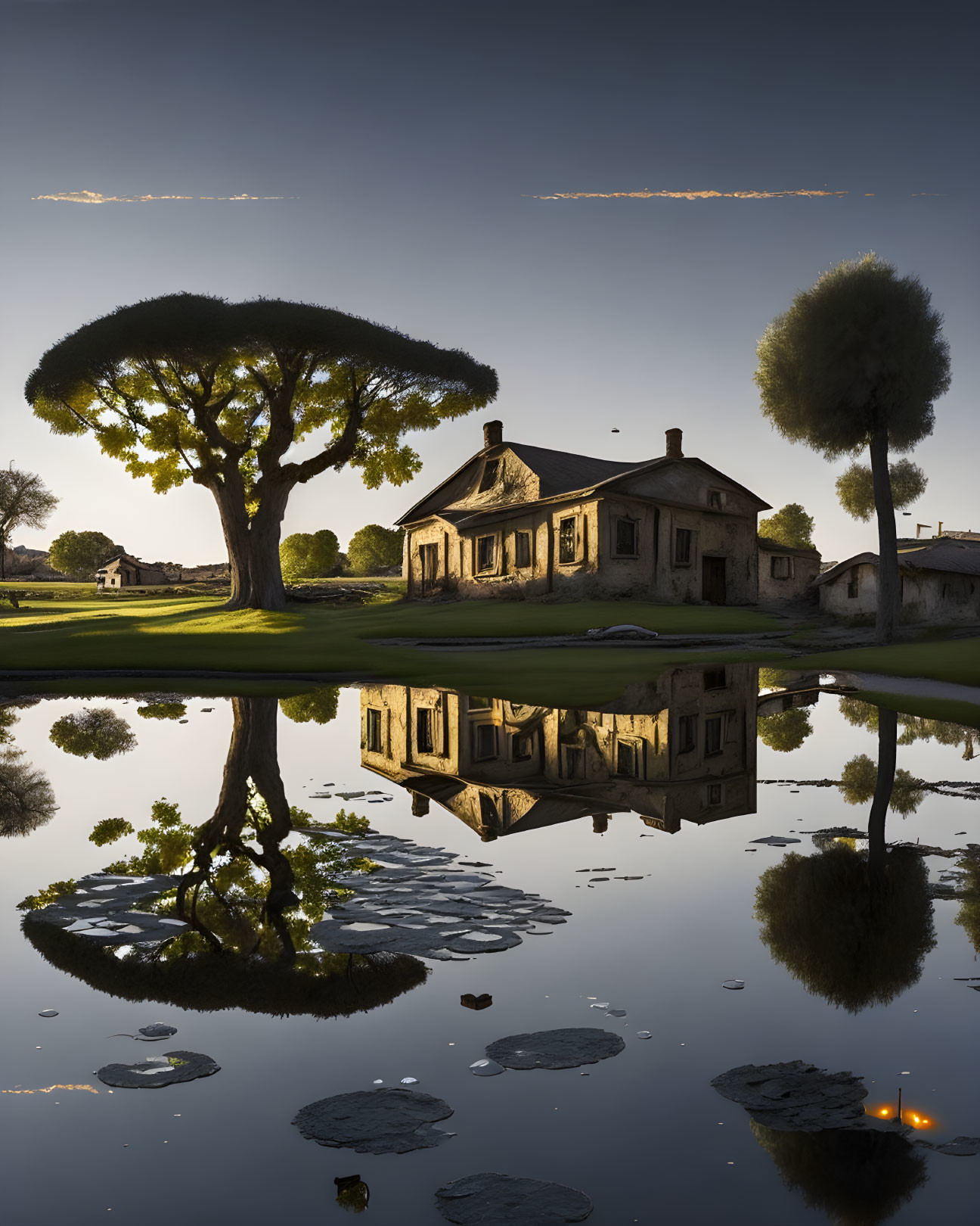 Tranquil pond reflects house and trees at dusk