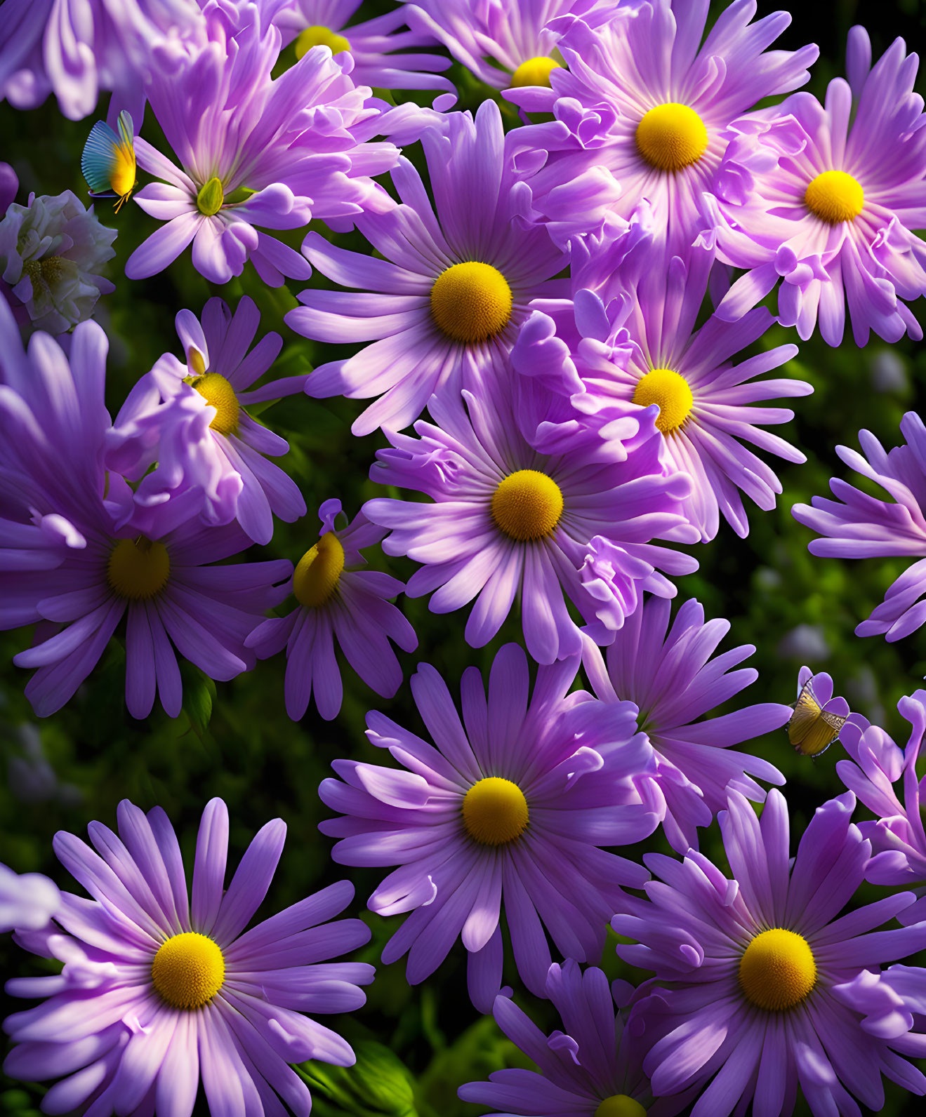 Vibrant Purple Daisies with Yellow Centers and Butterfly on Dark Background