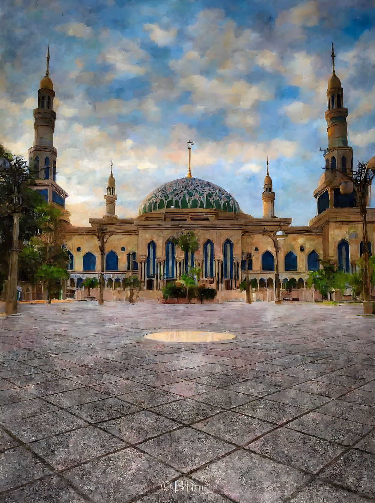 Mosque painting with tall minarets, dome, and patterned plaza