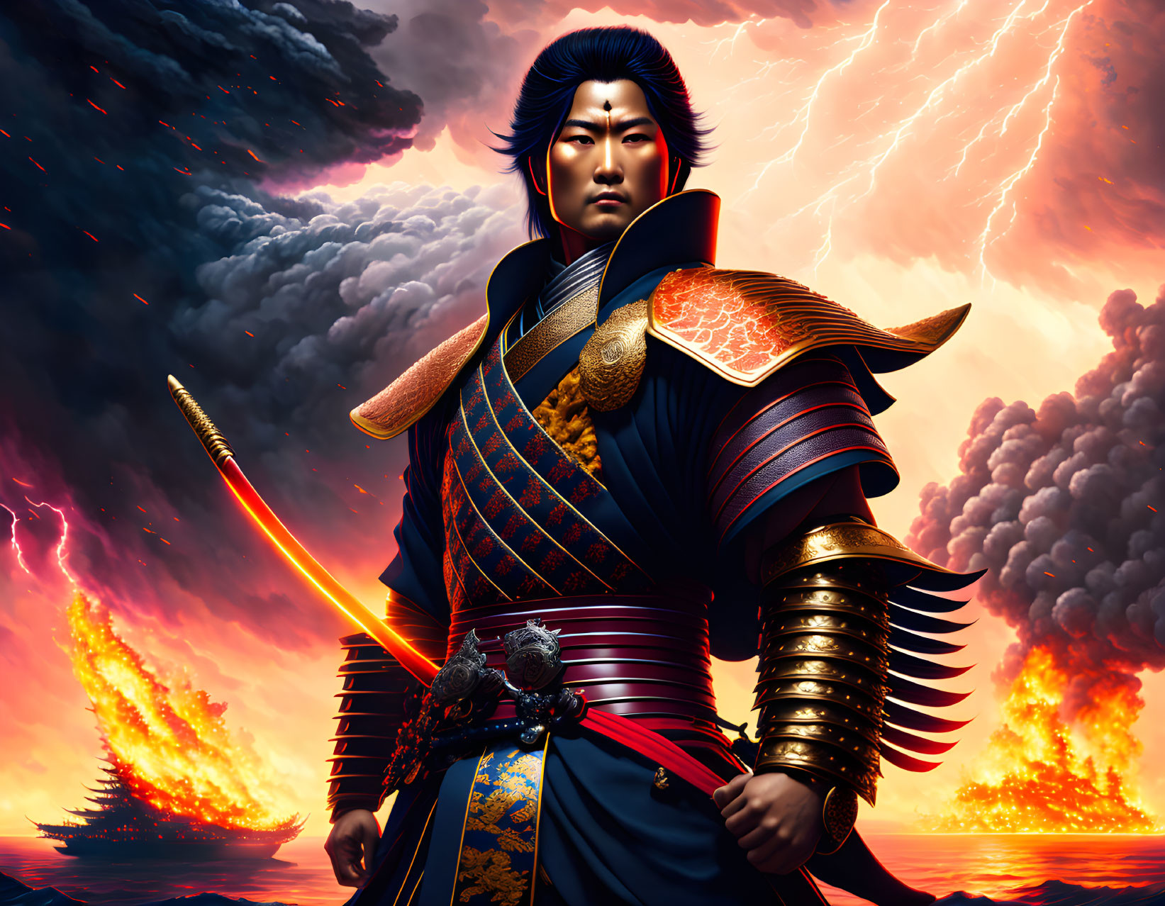 Warrior in Japanese armor with katana in fiery sky setting