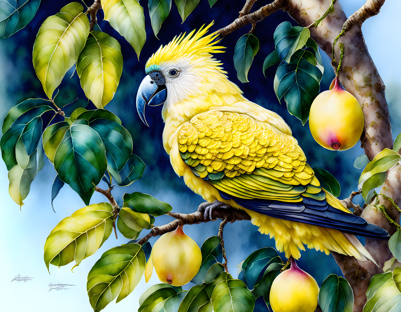 Colorful illustration of yellow cockatoo on branch with green leaves and yellow fruit against blue sky