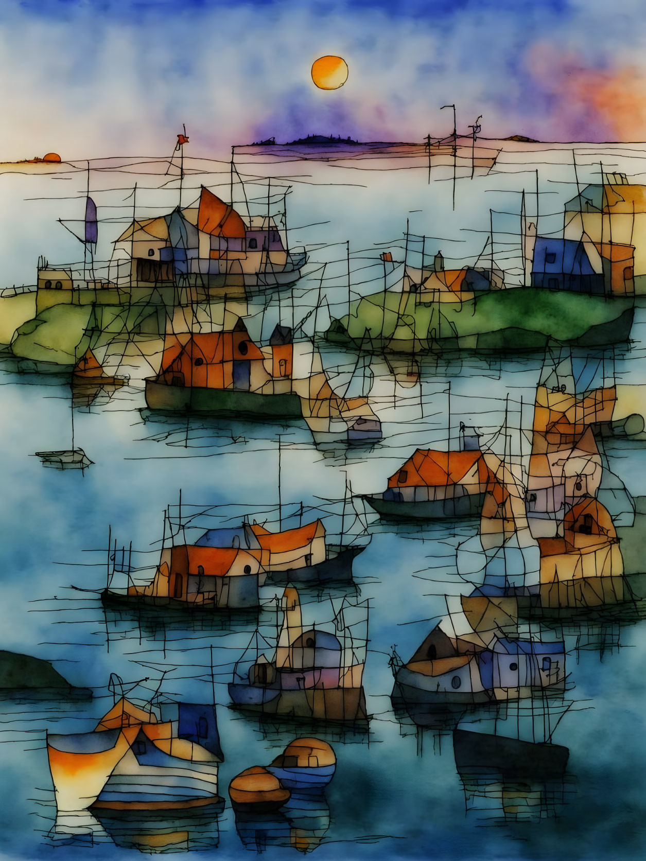 Vibrant watercolor painting of a bustling harbor at sunset