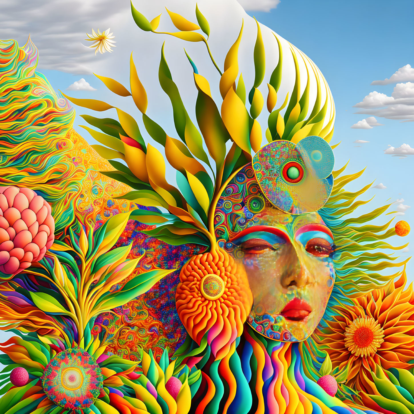 Colorful Psychedelic Face Surrounded by Abstract Floral Shapes