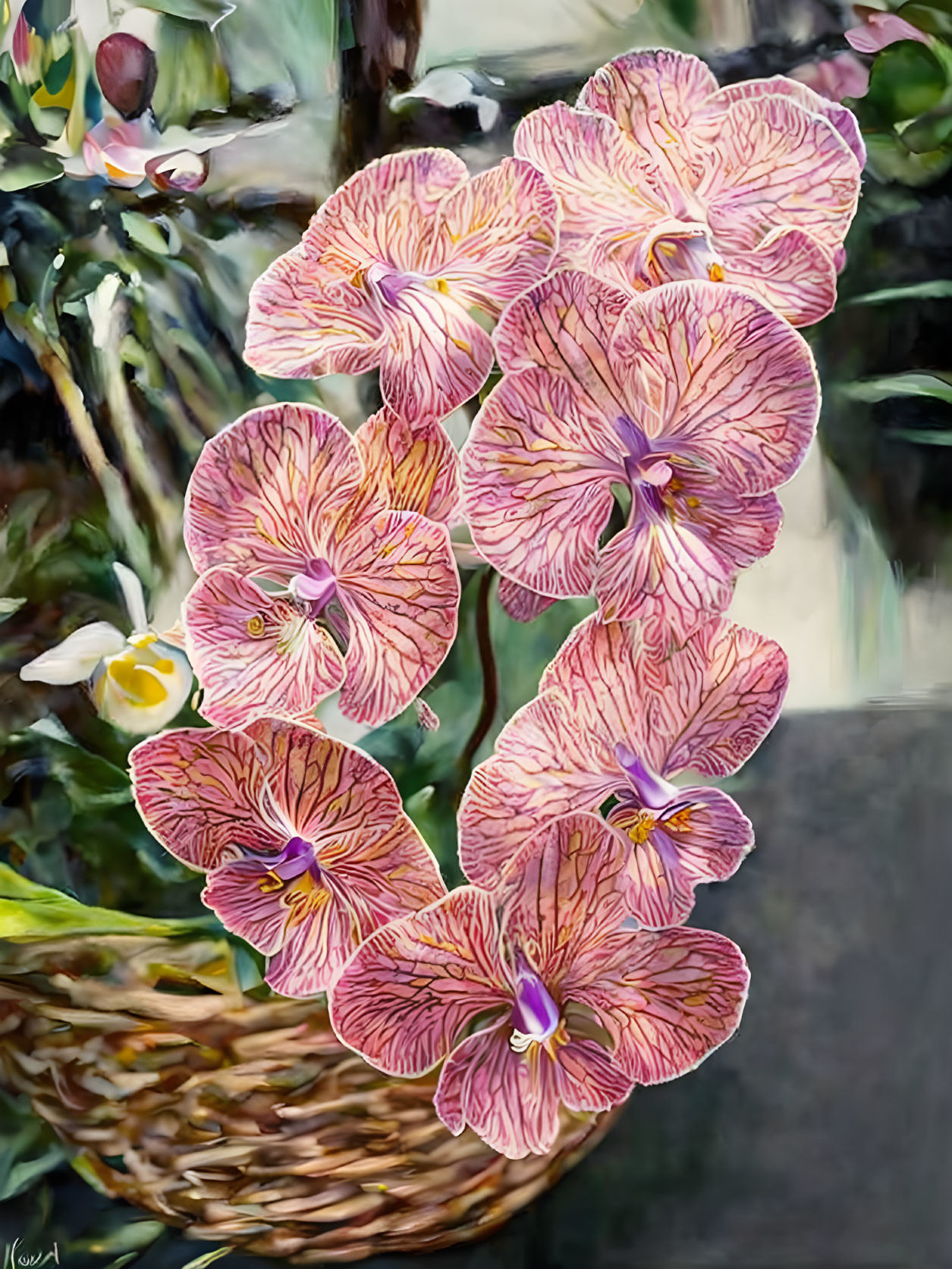 Pink orchid blooms with intricate patterns on soft-focus background.