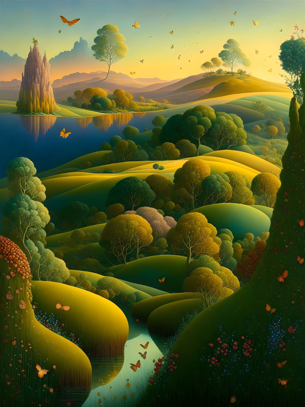 Colorful fantasy landscape: lush hills, diverse trees, serene lake, birds in warm sunset.