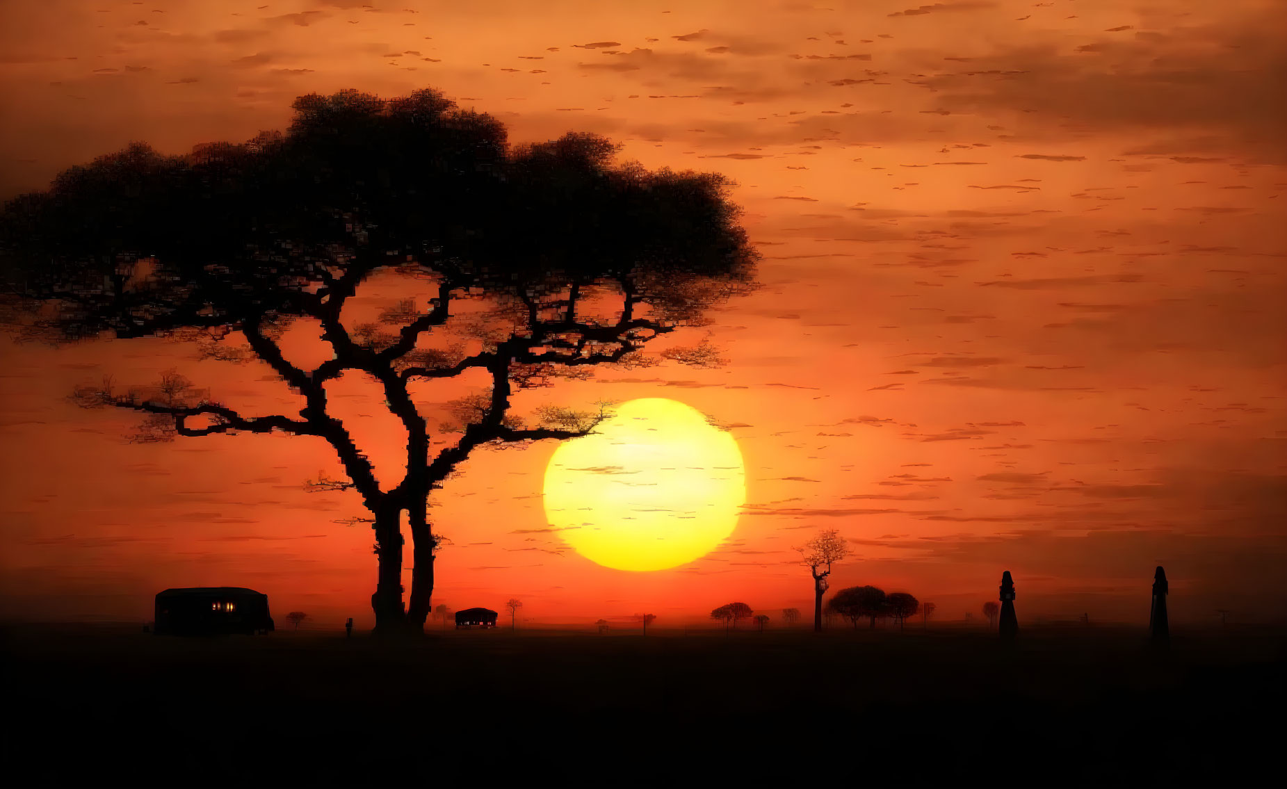 Vibrant sunset with tree silhouette and animals in orange sky