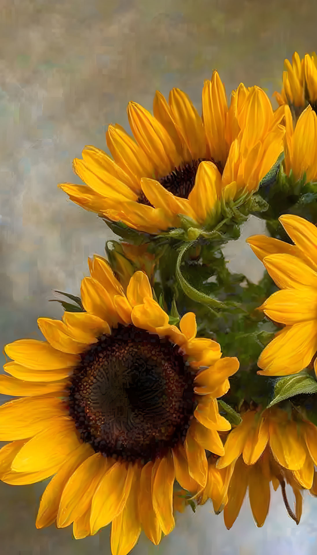 Vibrant sunflowers with yellow petals and brown centers on soft-focus background