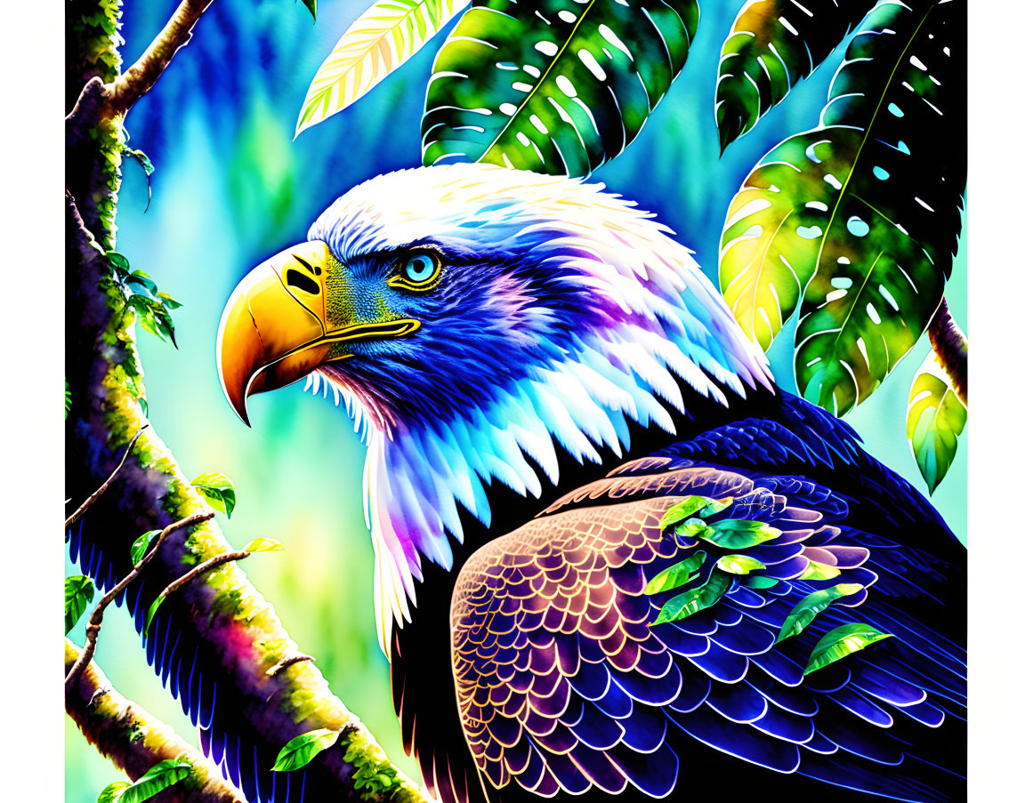 Colorful Eagle Illustration Perched on Branch in Lush Greenery