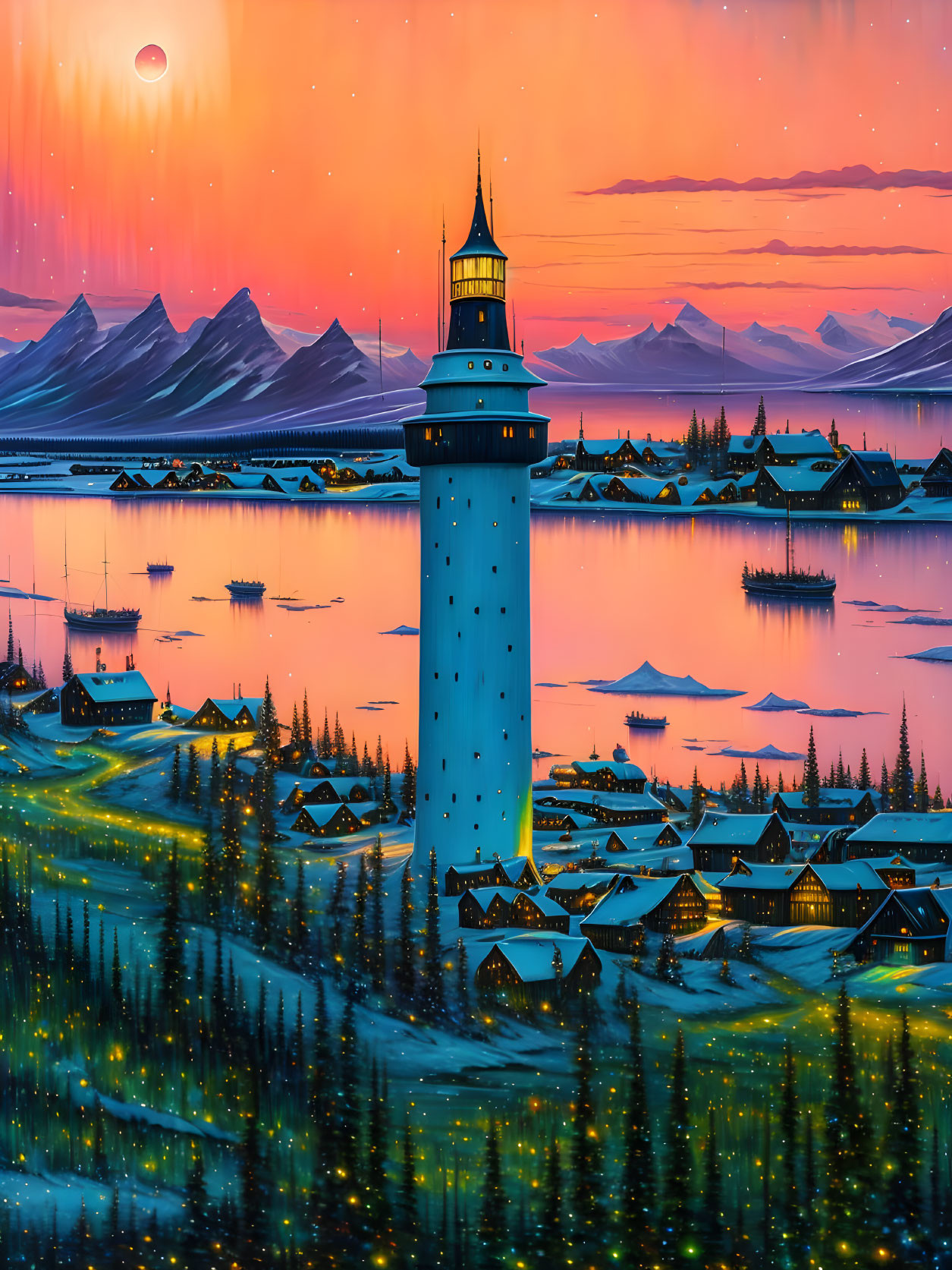 Coastal village with lighthouse at twilight: boats, houses, mountains under orange sky