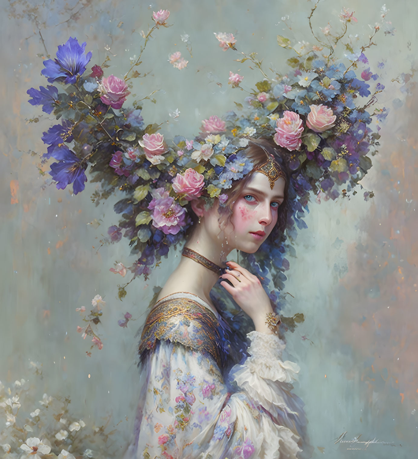 Woman with Blue and Pink Floral Crown and Flowery Dress Portrait