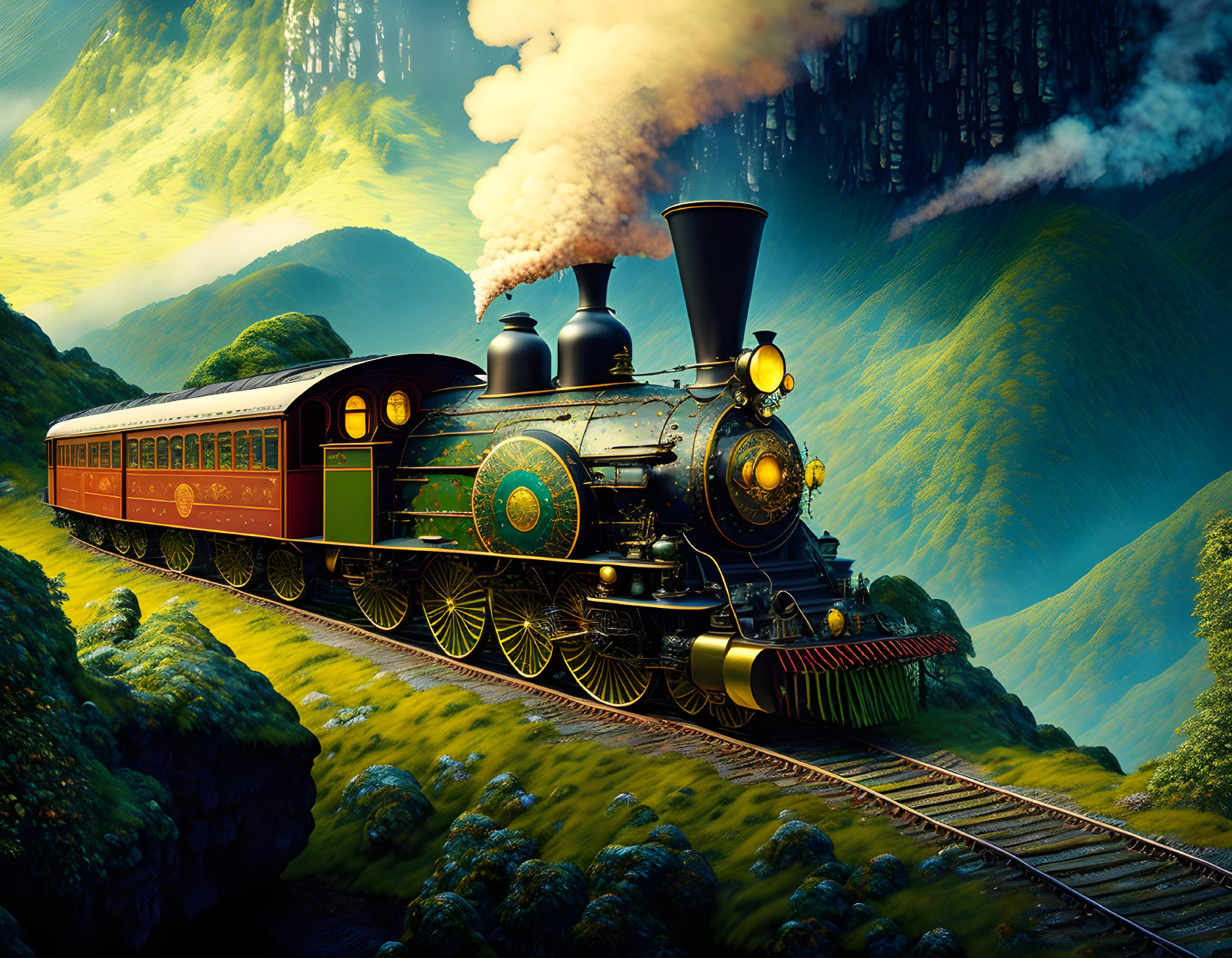 Vintage steam locomotive on tracks in green hills with billowing white smoke under cloudy sky