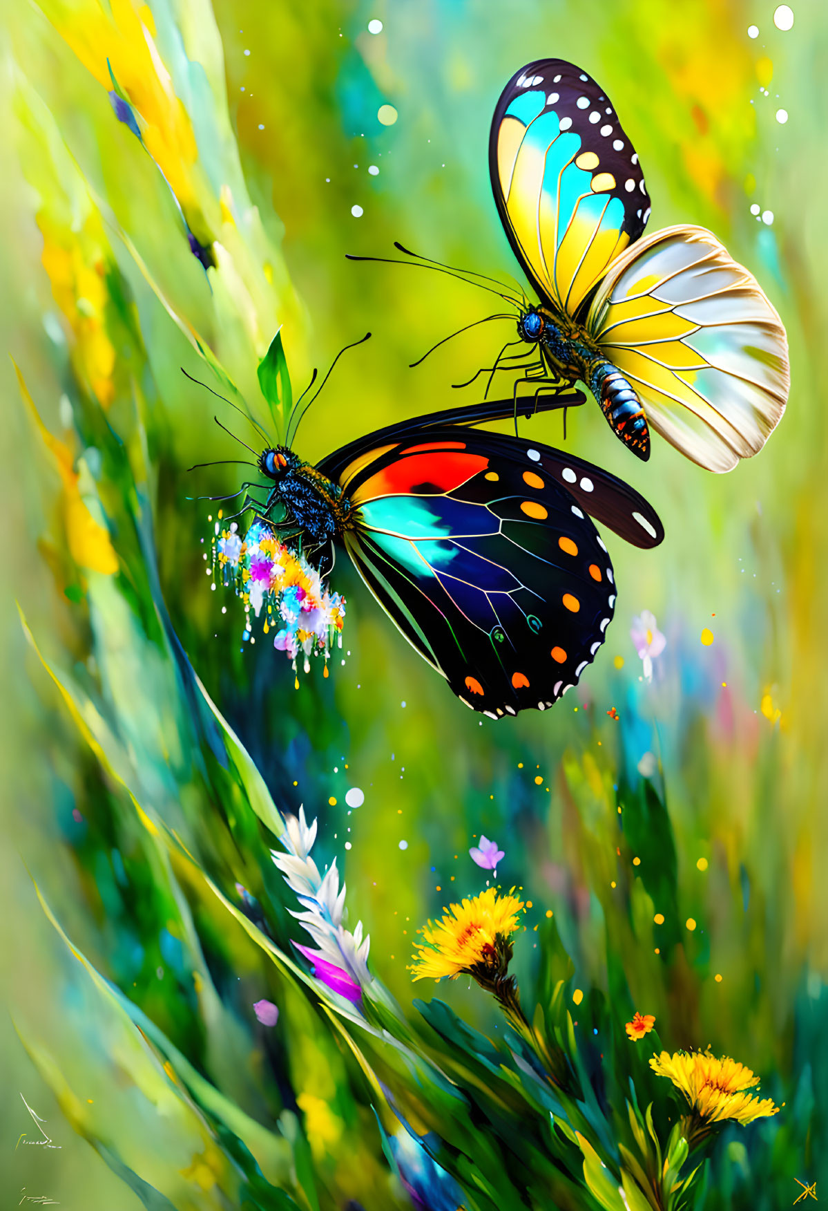 Colorful digital artwork: Two butterflies on fantasy floral background