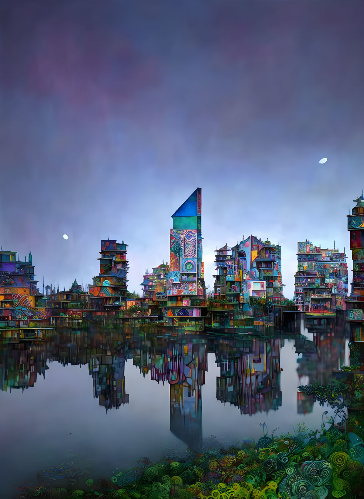 Colorful futuristic cityscape reflected in calm water under a dusk sky