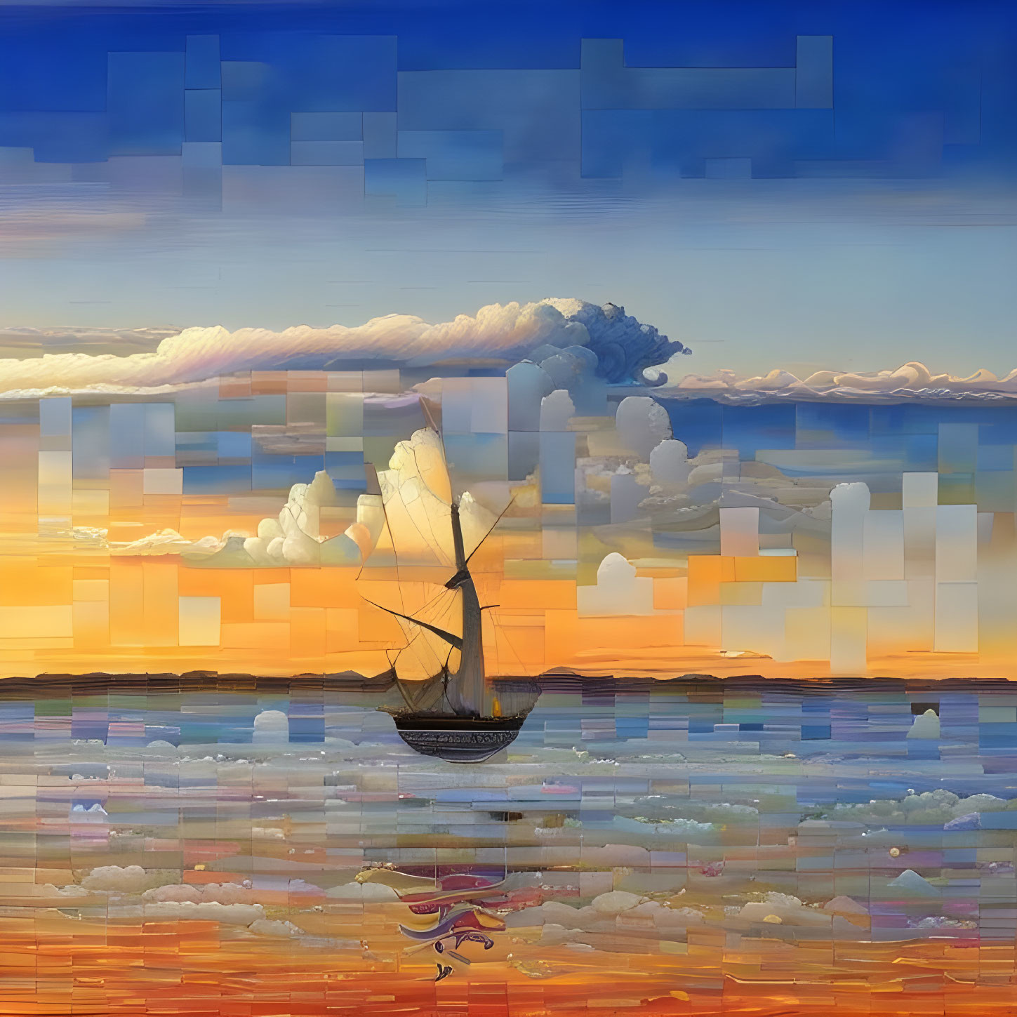 Sailboat on Calm Sea Sunset Mosaic Art