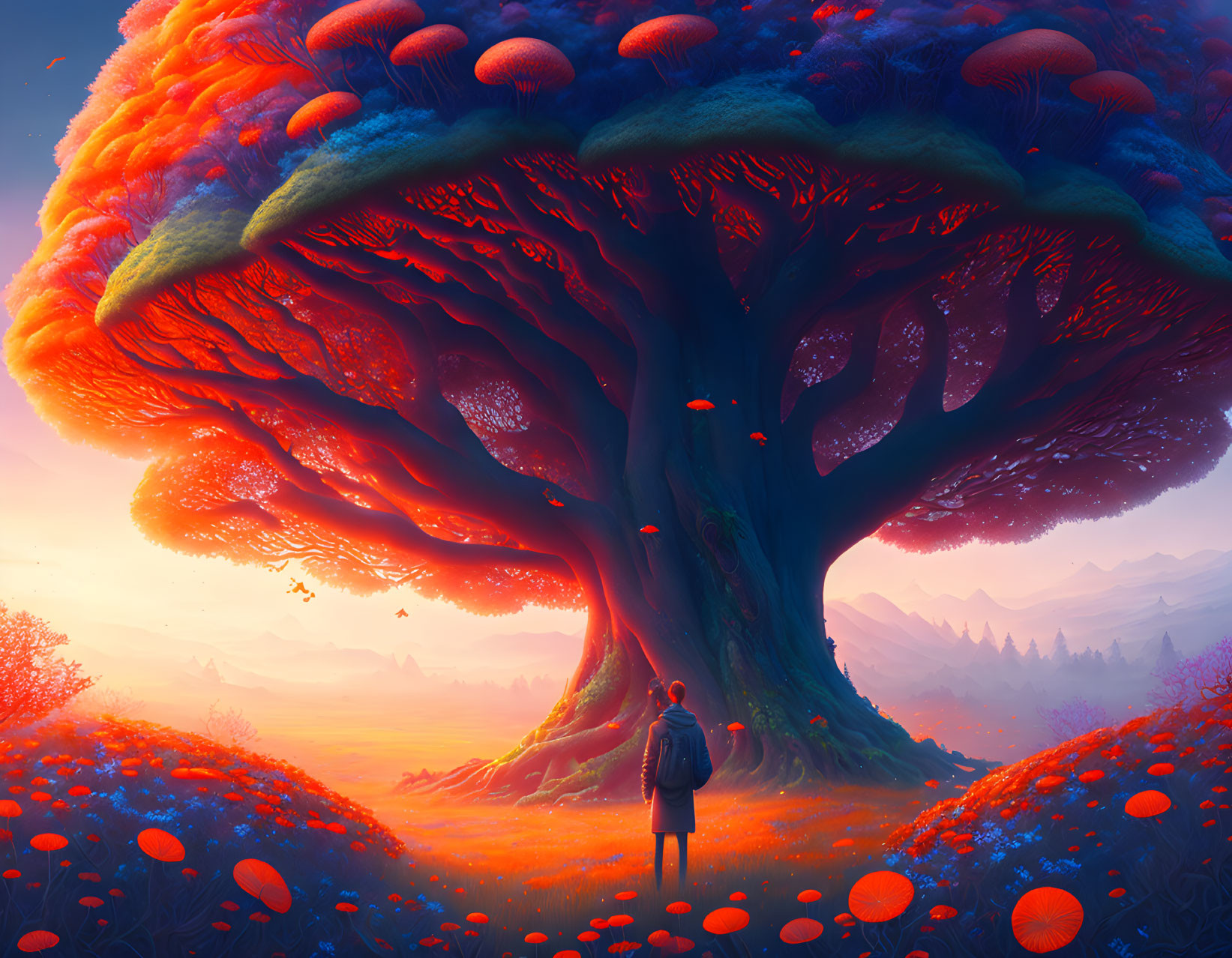 Person admires colossal tree in vibrant, dreamlike twilight landscape