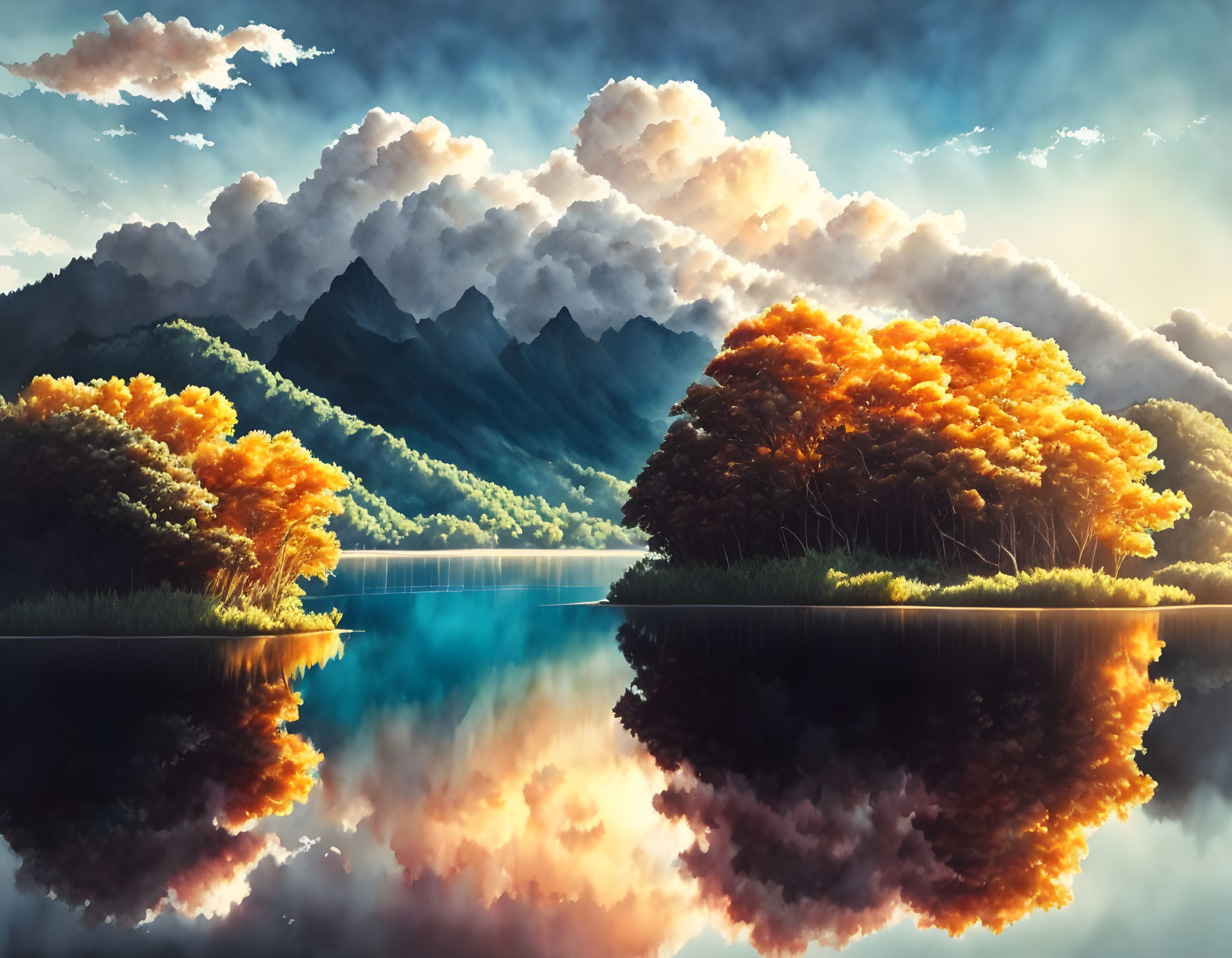 Tranquil landscape: orange trees, reflective lake, mountains, cloudy sky