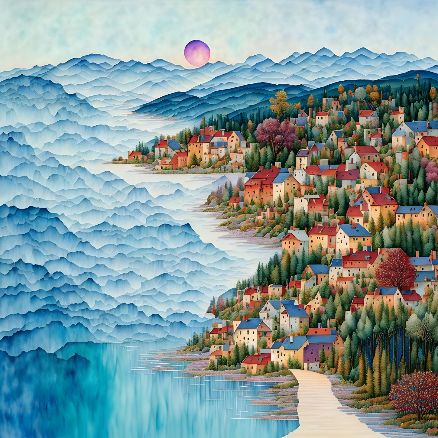 Vibrant village scene: mountains, lake, pink sky, sun