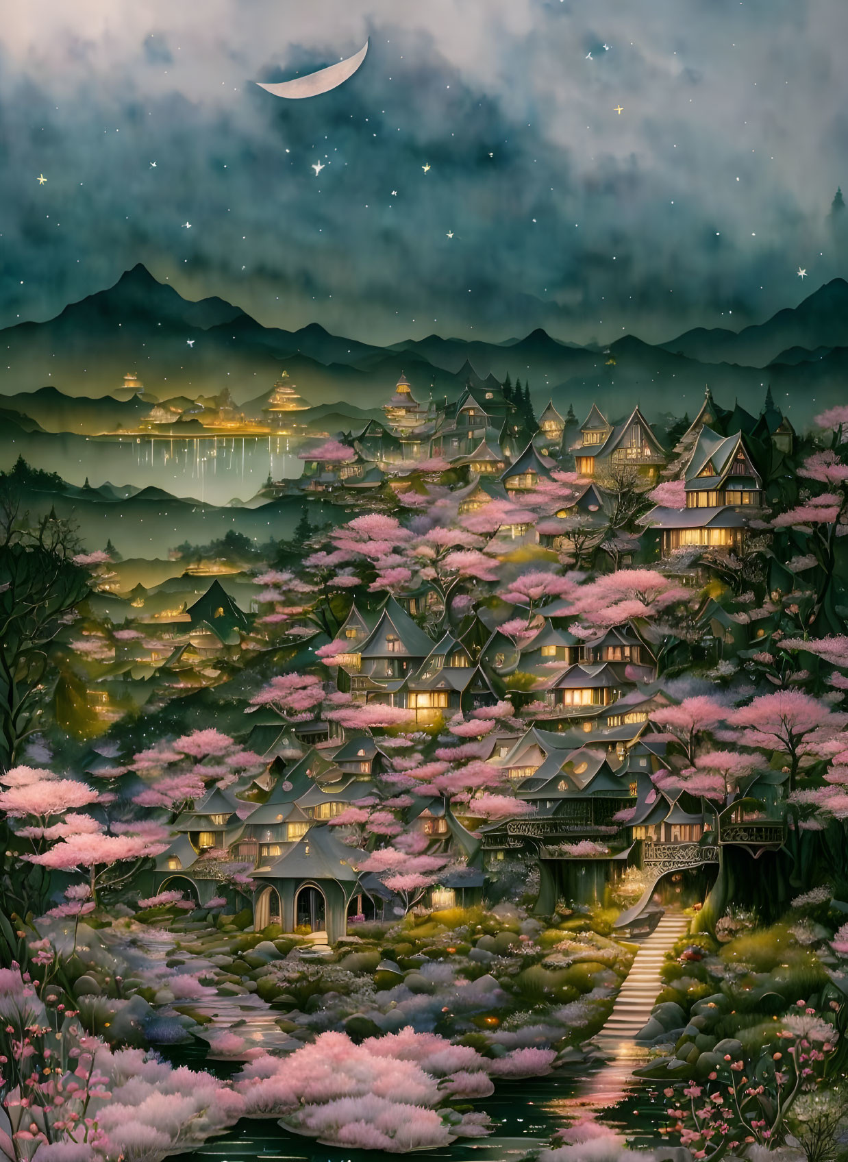 Traditional Asian village at night with cherry blossoms, crescent moon, starry sky & mountains