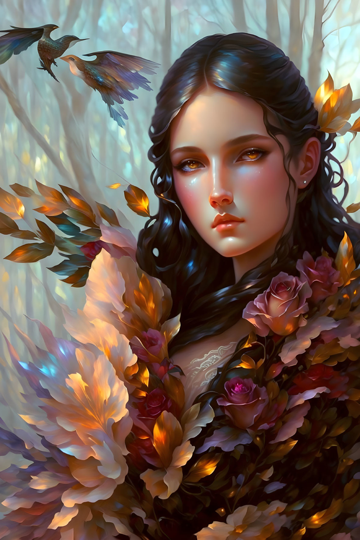 Illustrated woman with wavy black hair, autumn leaves, flowers, and hummingbird