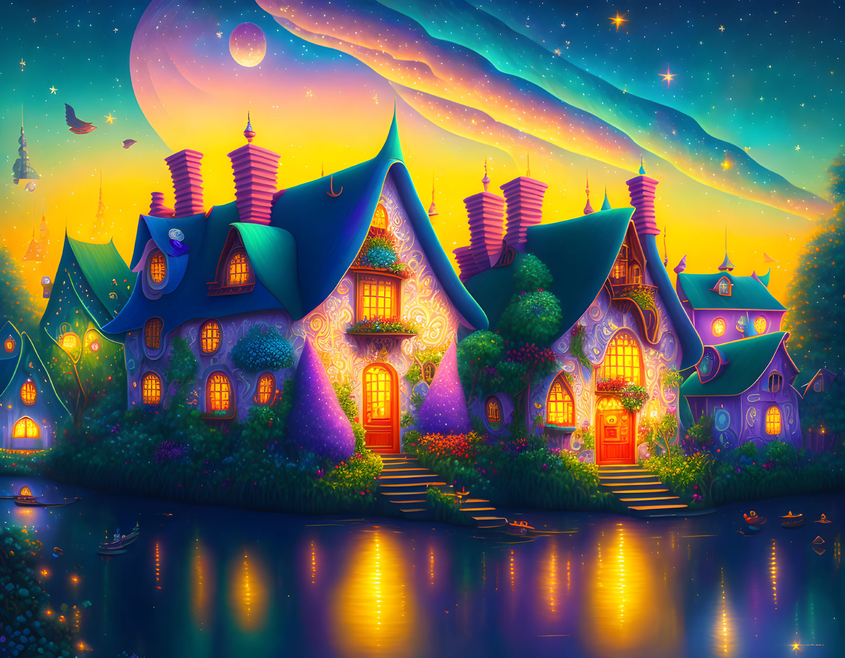 Vibrant fantasy landscape with whimsical houses, purple flora, calm pond, starry sky,