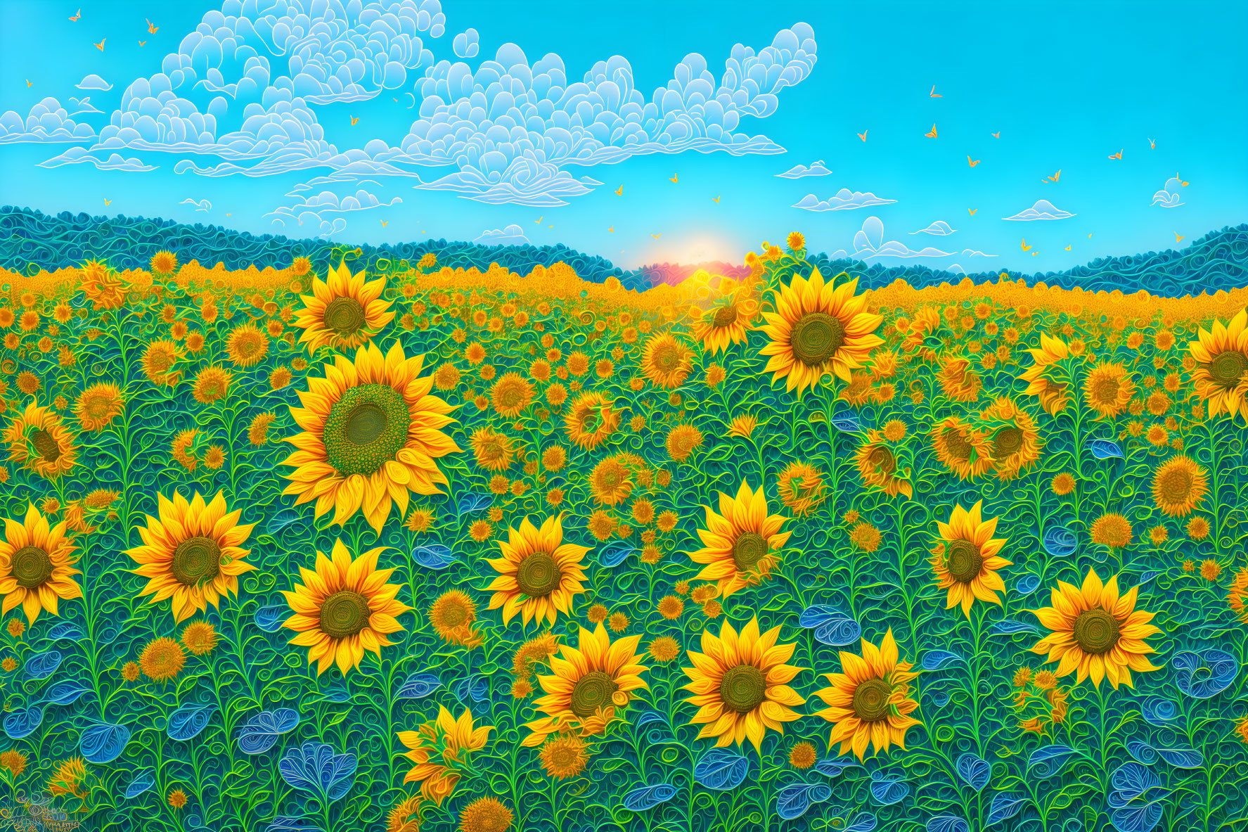 Sunflower Field at Sunrise with Blue Sky and Birds