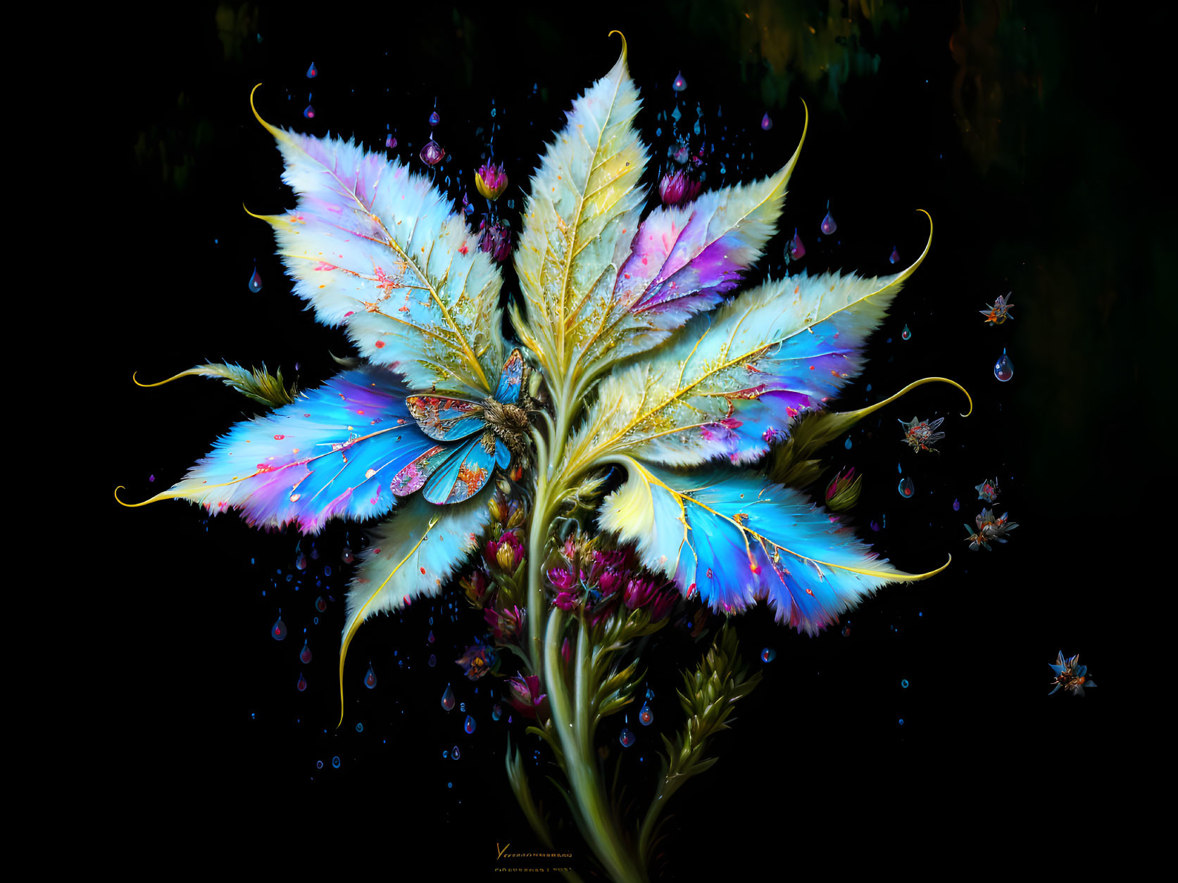 Colorful digital artwork of a leaf with blue, white, and purple hues and water droplets on