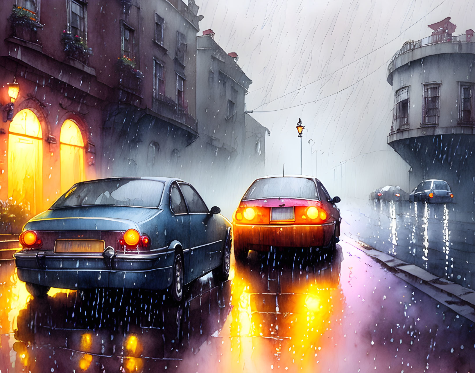 Vibrant illustration: cars on rainy street with glowing headlights and colorful buildings.