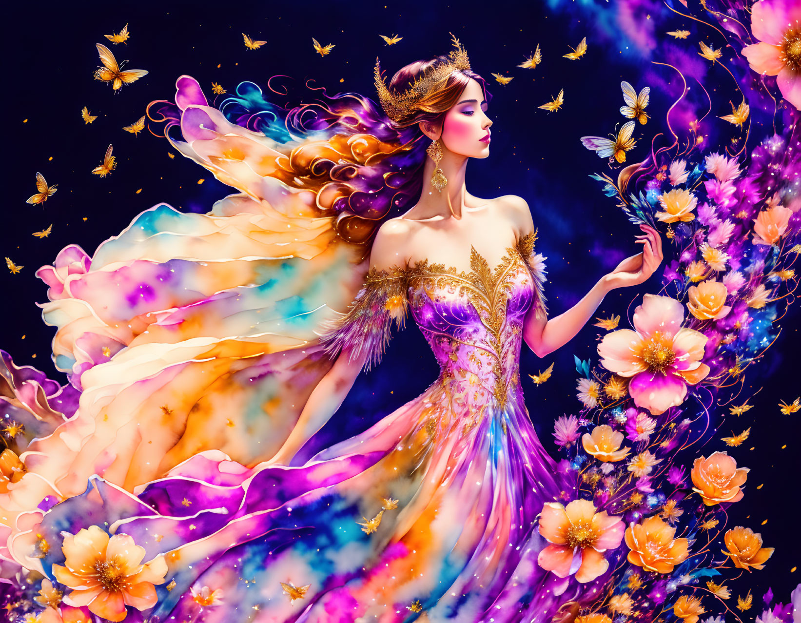 Colorful fairy with wings, butterflies, and flowers in fantasy illustration