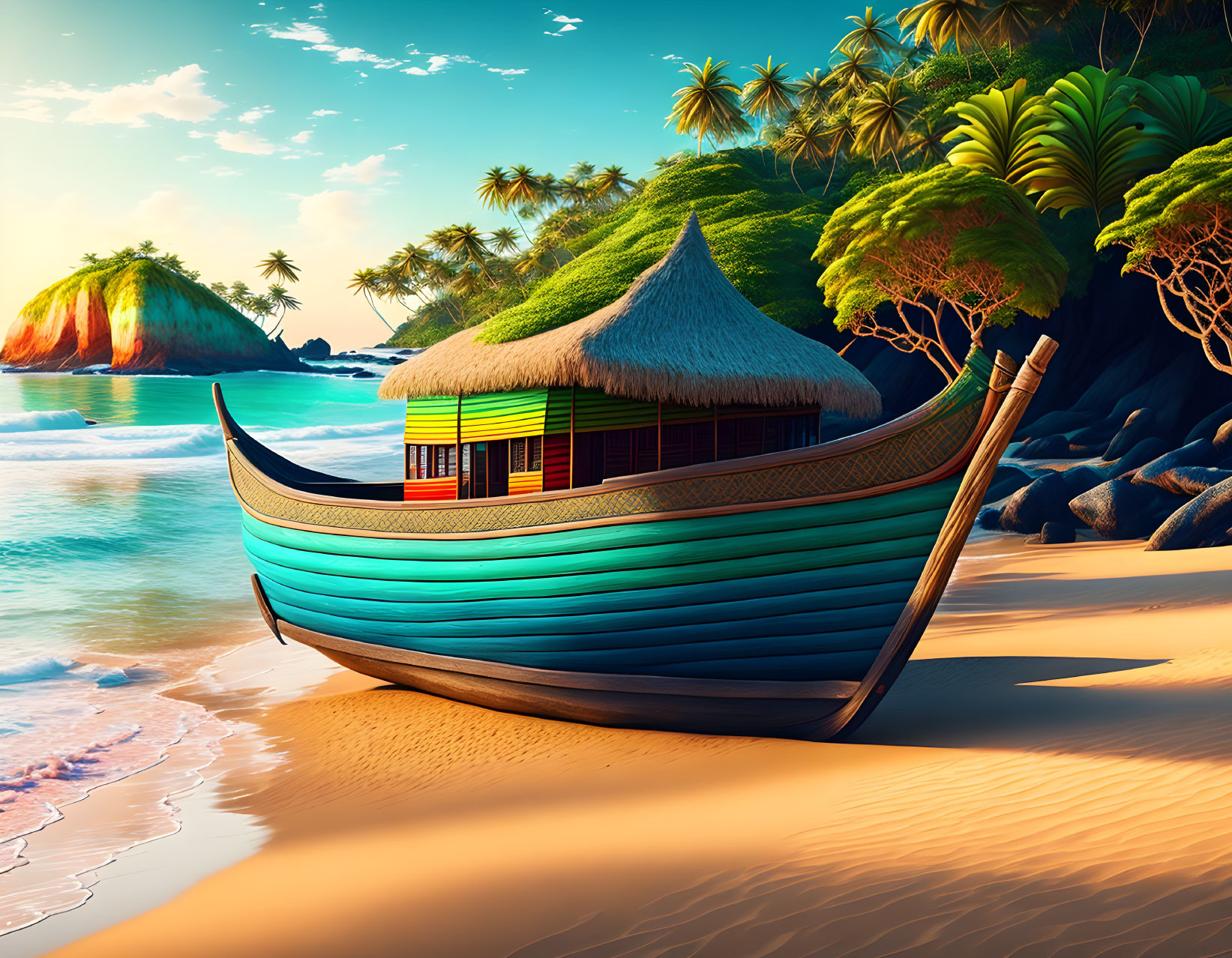 Colorful boat hut, palm trees, serene ocean - vibrant beach scene