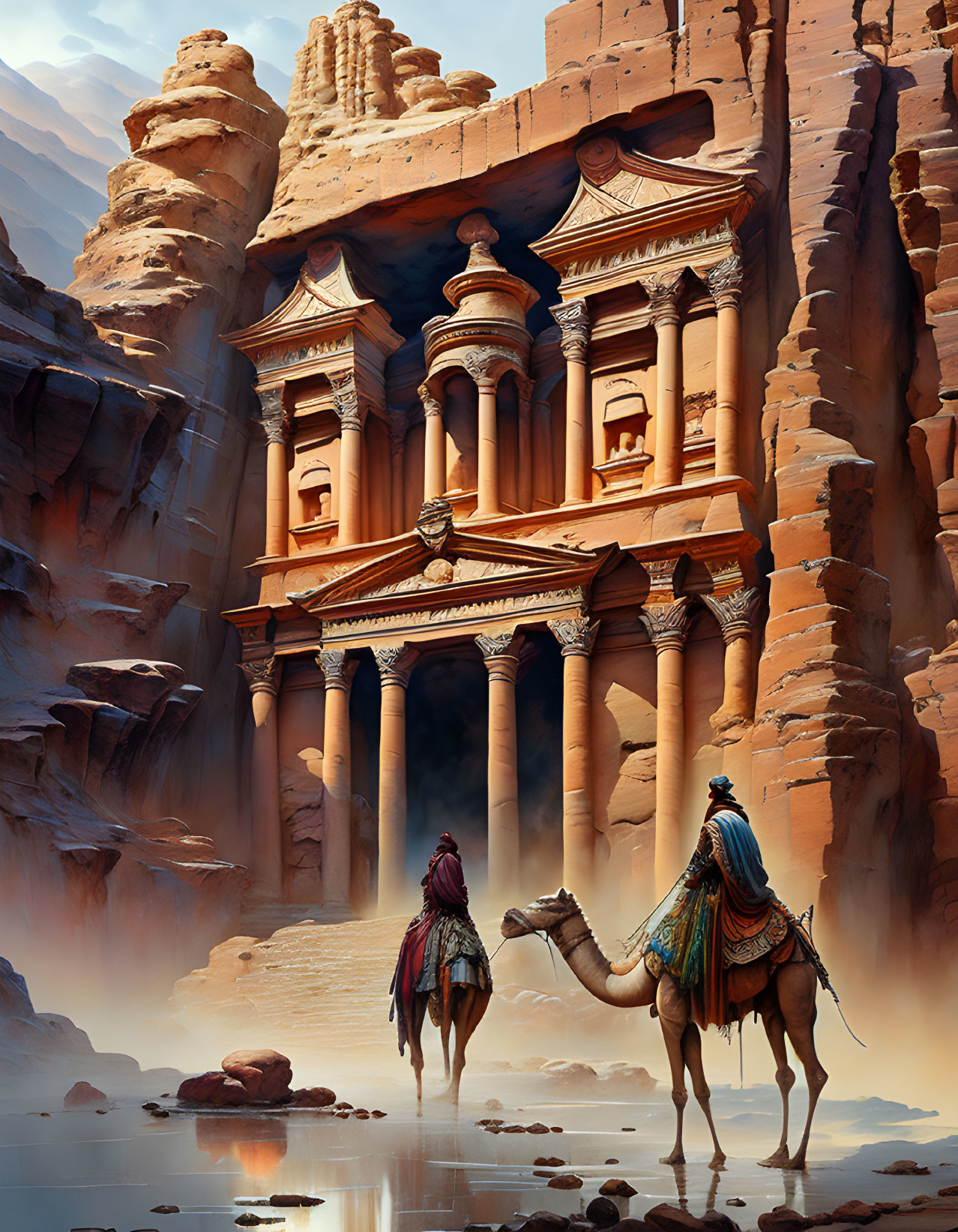 Camel and person at Petra's Al-Khazneh with sandstone cliffs.