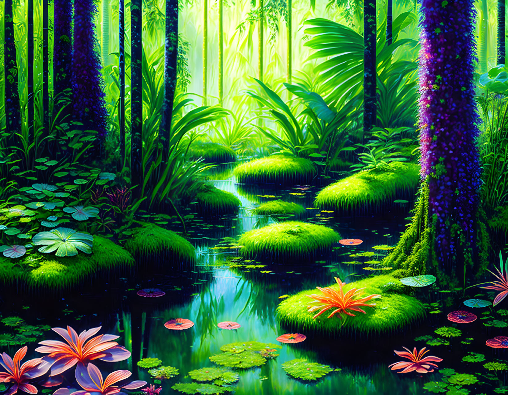 Enchanted forest digital artwork with lush greenery and serene stream