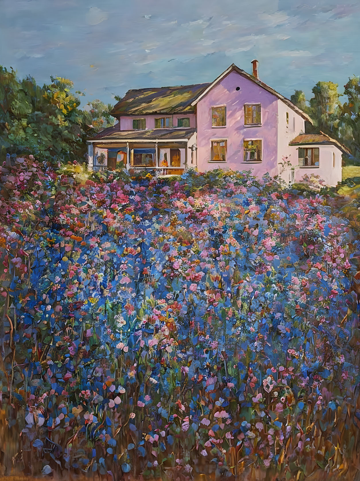 Colorful painting of white house in garden with blue and purple flowers