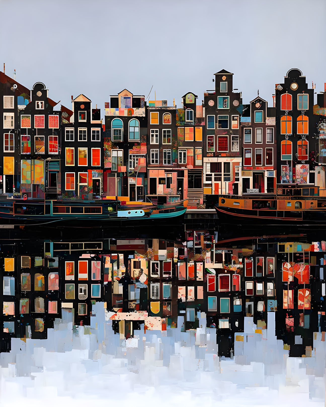 Vibrant Canal Houses with Water Reflections and Moored Boats