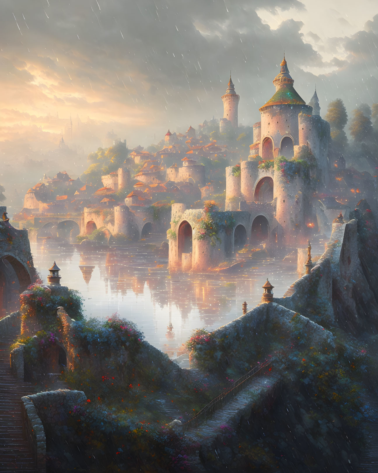 Fantasy castle with towers and arches by calm river under rain-soaked, sunlit sky