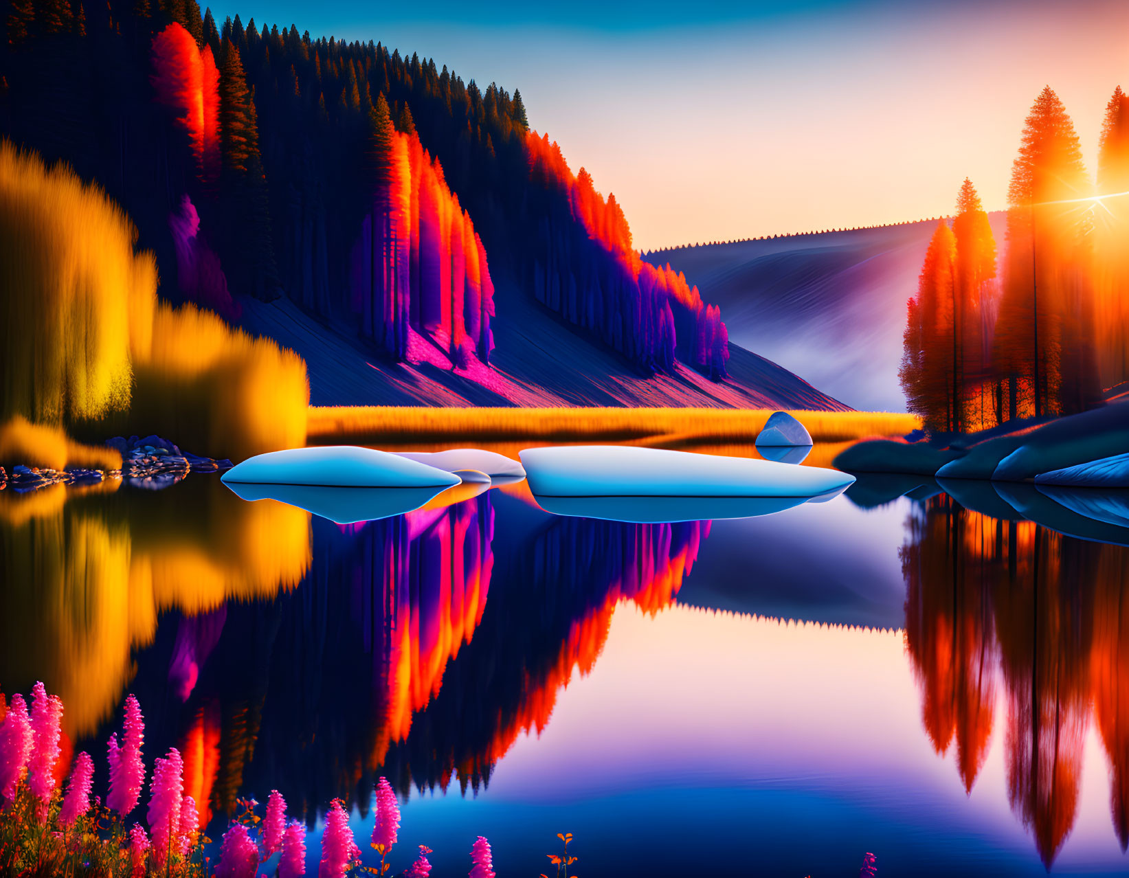 Scenic sunset over serene lake with reflections of trees and white boats.