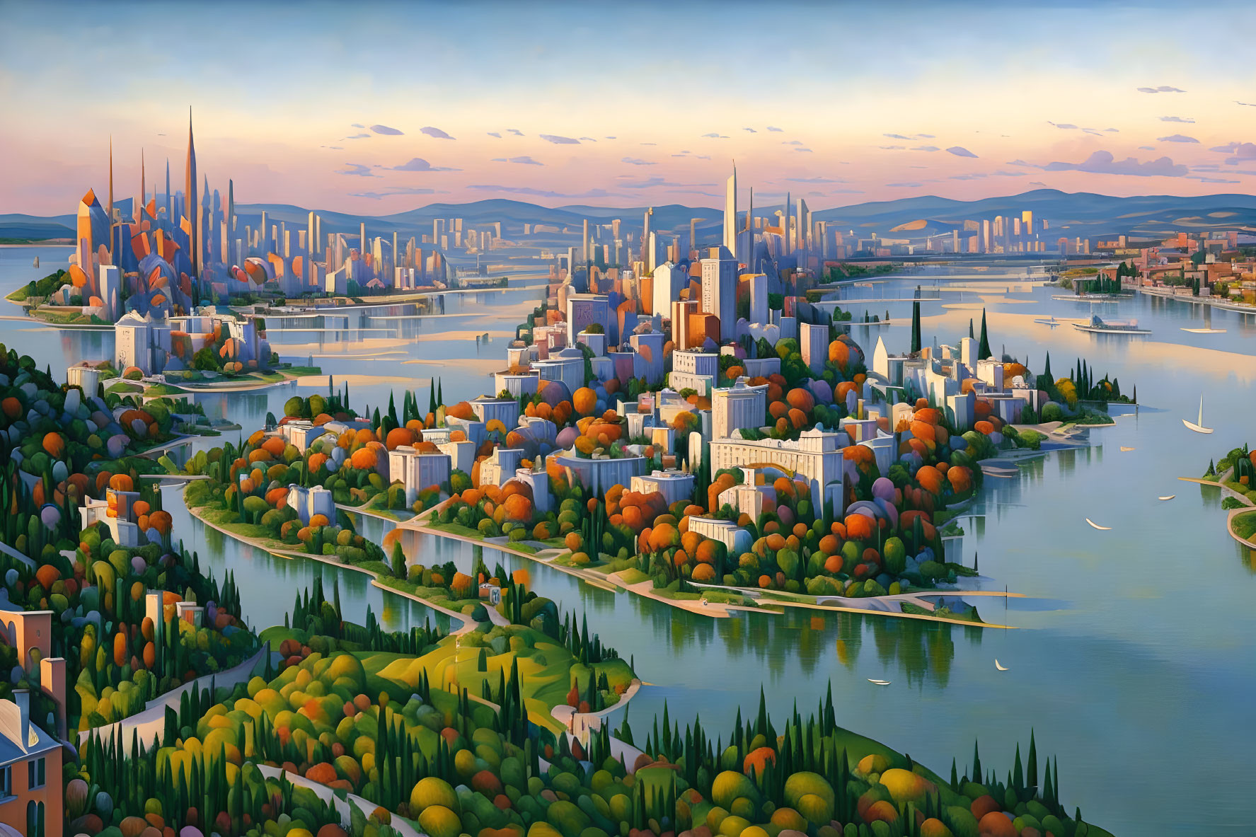 Futuristic cityscape with skyscrapers, bridges, river, greenery, and pastel