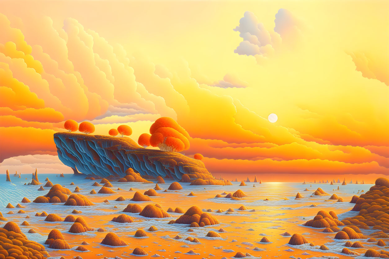 Surreal landscape with floating island, orange trees, golden sea, sunset sky, fluffy clouds