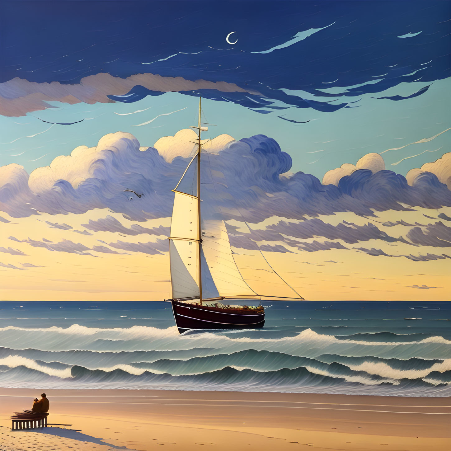 Tranquil beach scene with sailboat, crescent moon, and person sitting by shore