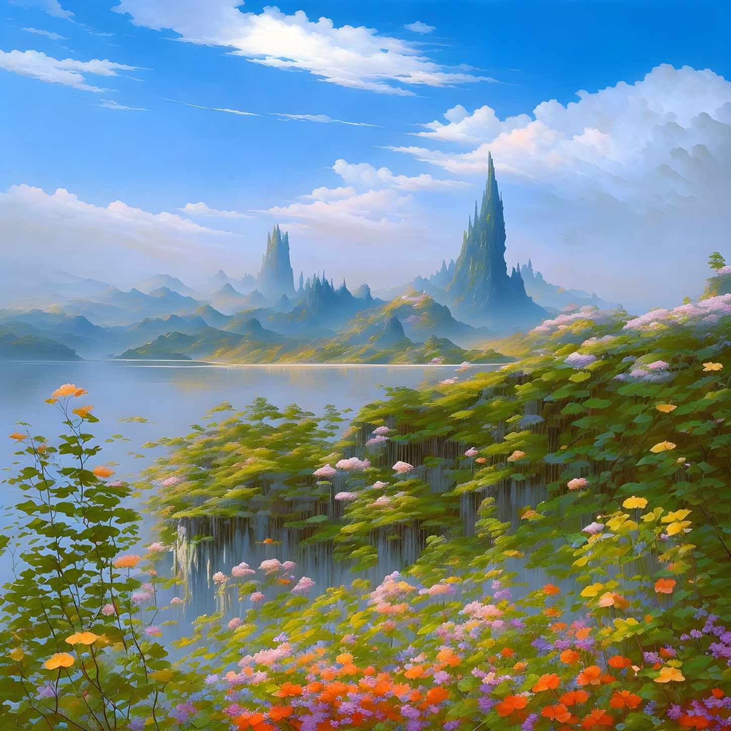 Tranquil landscape with floral foreground, lake, and mountains