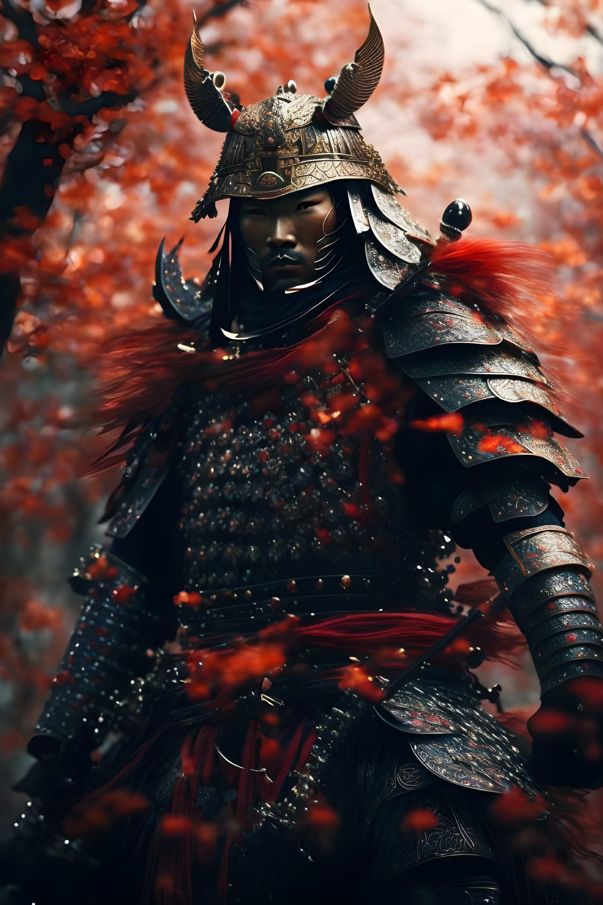 Samurai warrior in ornate armor among red autumn leaves