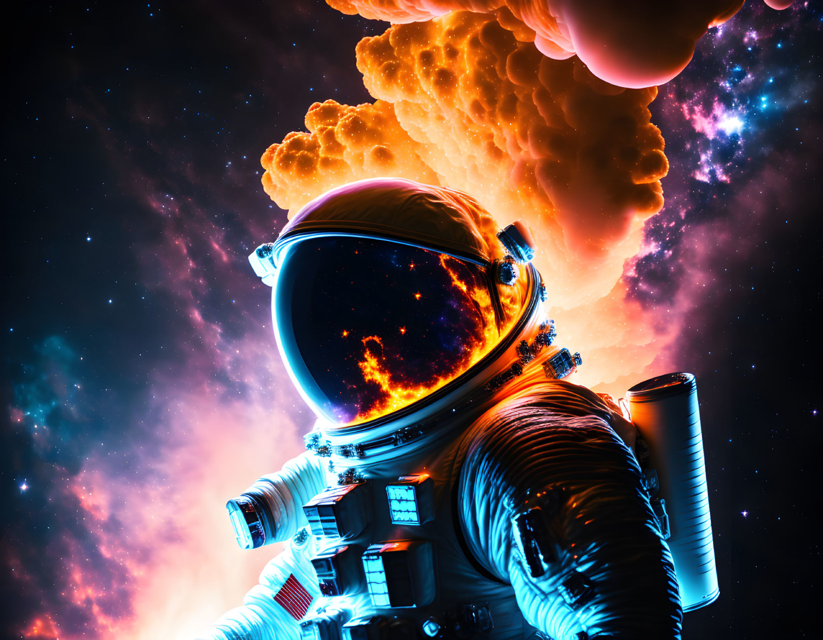 Astronaut in space with vibrant nebula and stars in fiery orange glow.