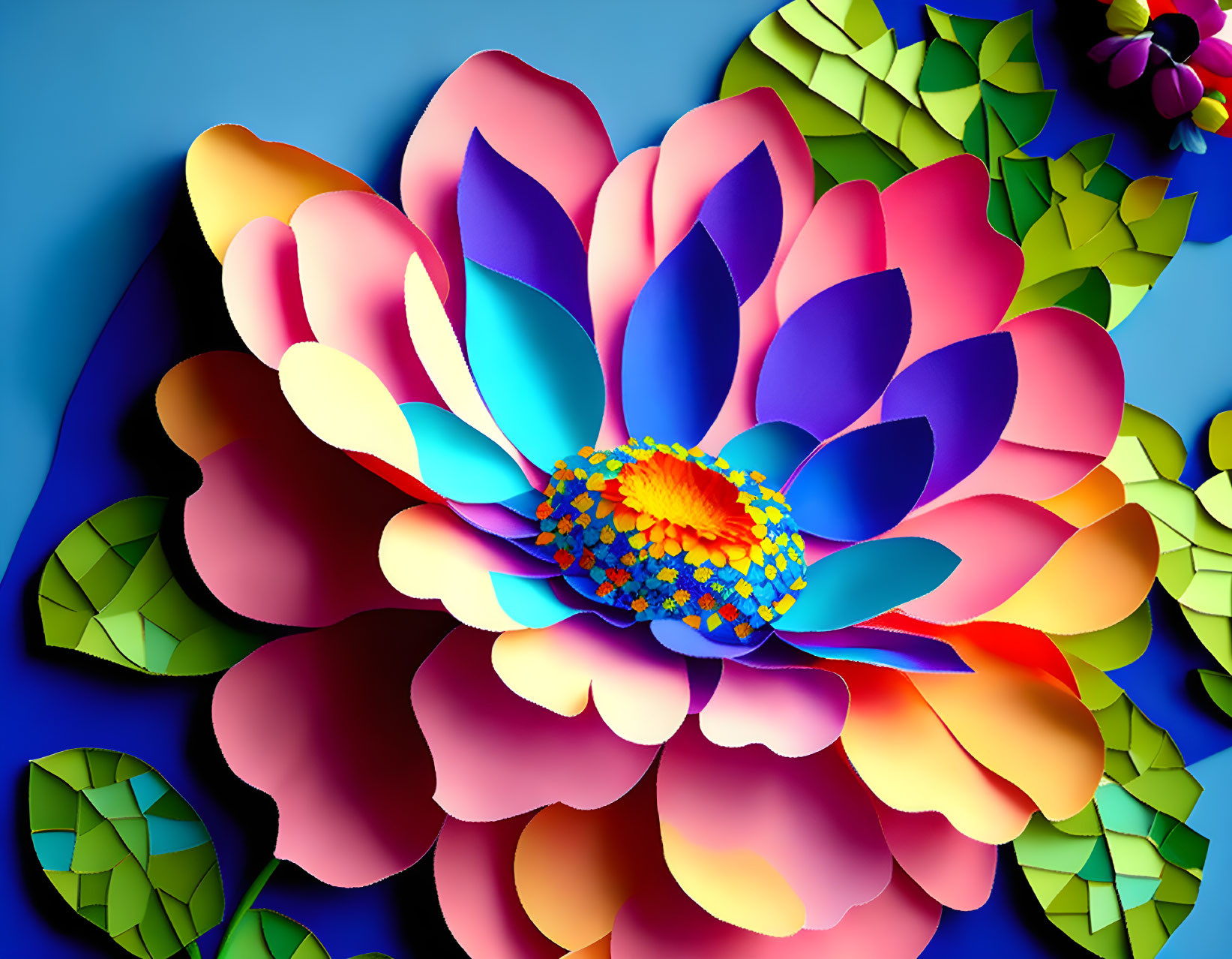 Colorful 3D illustration of a layered multicolored flower