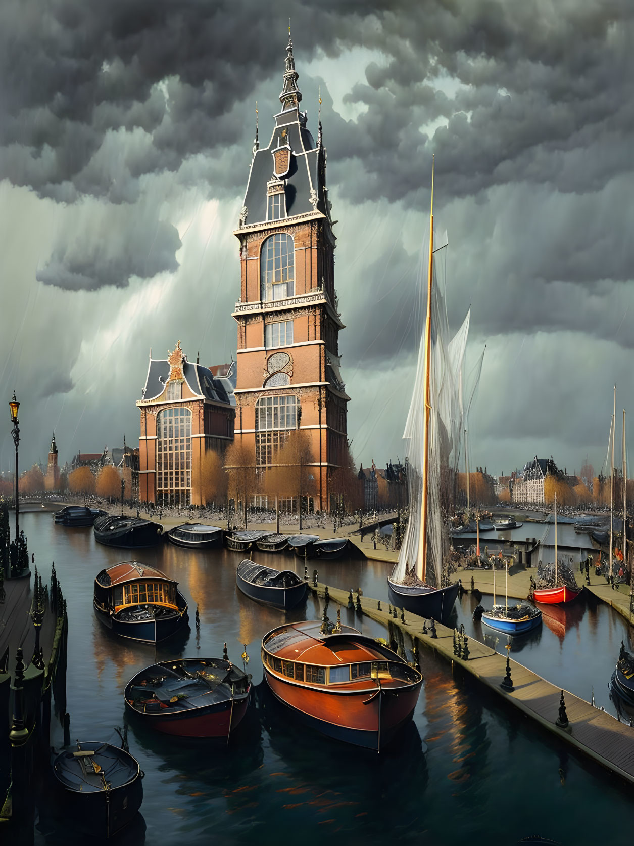 Historic building, canal, boats, dramatic sky, sailboat in foreground