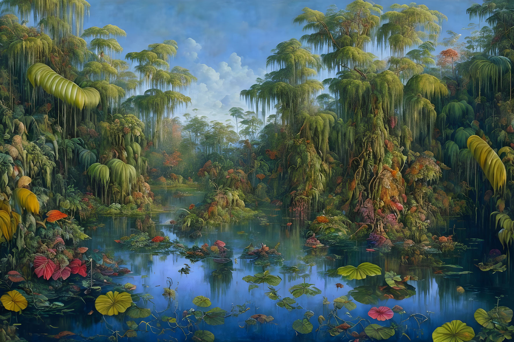 Tropical Landscape Painting with Blue Lake & Diverse Vegetation