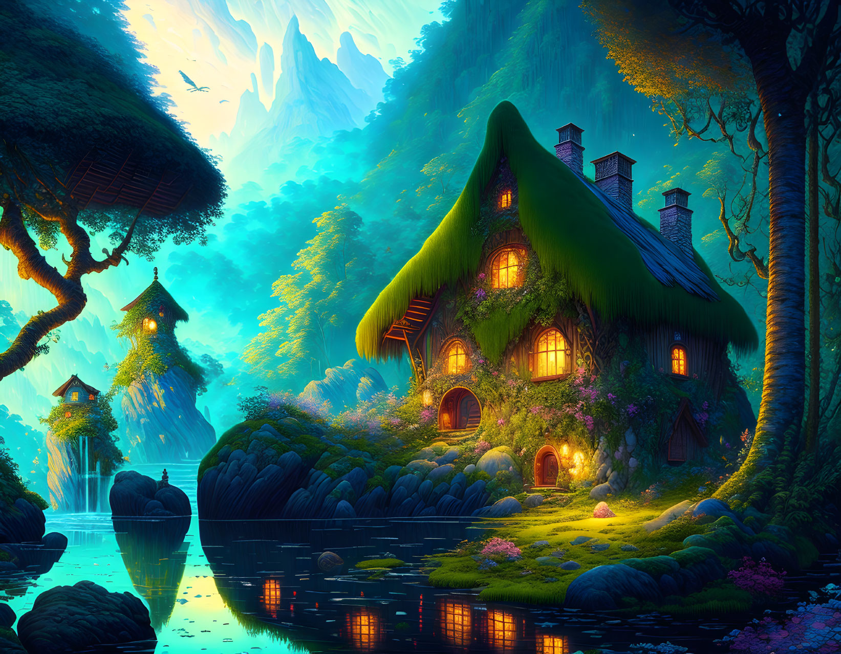 Whimsical cottage in enchanted forest with pond and waterfalls