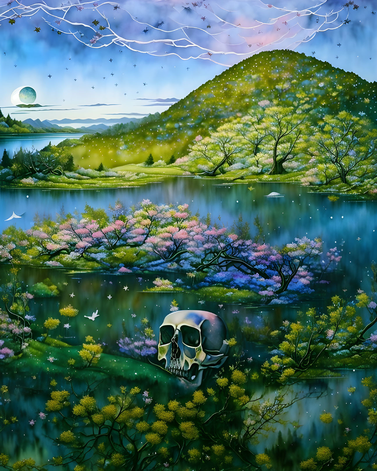 Surreal landscape with blooming trees, skull in lake, mountains, moon, and flying petals