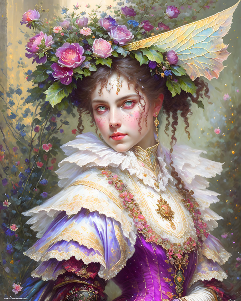 Portrait of woman in white and purple ruffled dress with floral hair adornments